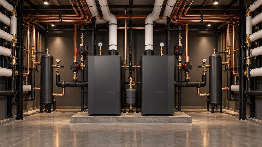 A clean boiler room with black-steel piping