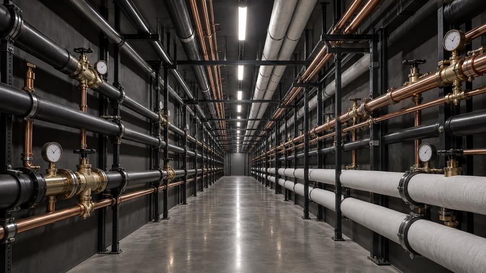 A long mechanical corridor of insulated pipes