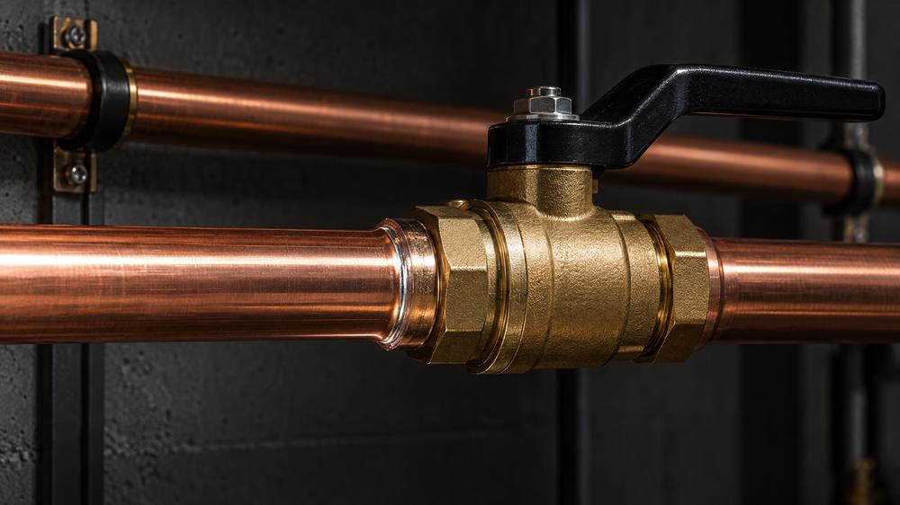 Close-up of a brass valve on copper piping